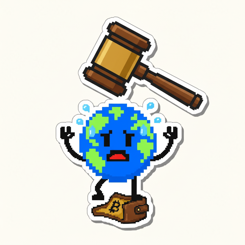 Mascot in a courtroom sketch, sweating nervously as a giant gavel descends, about to smash a tiny, deflated crypto wallet.