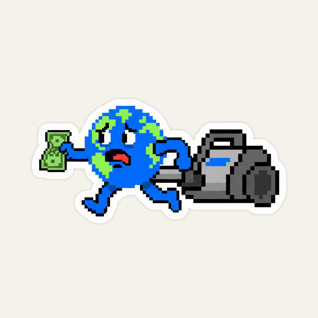 STICKER. Mascot, mid-sprint, eyes wide with panic, desperately clutching a single, crumpled dollar bill as a giant vacuum cleaner chases close behind.