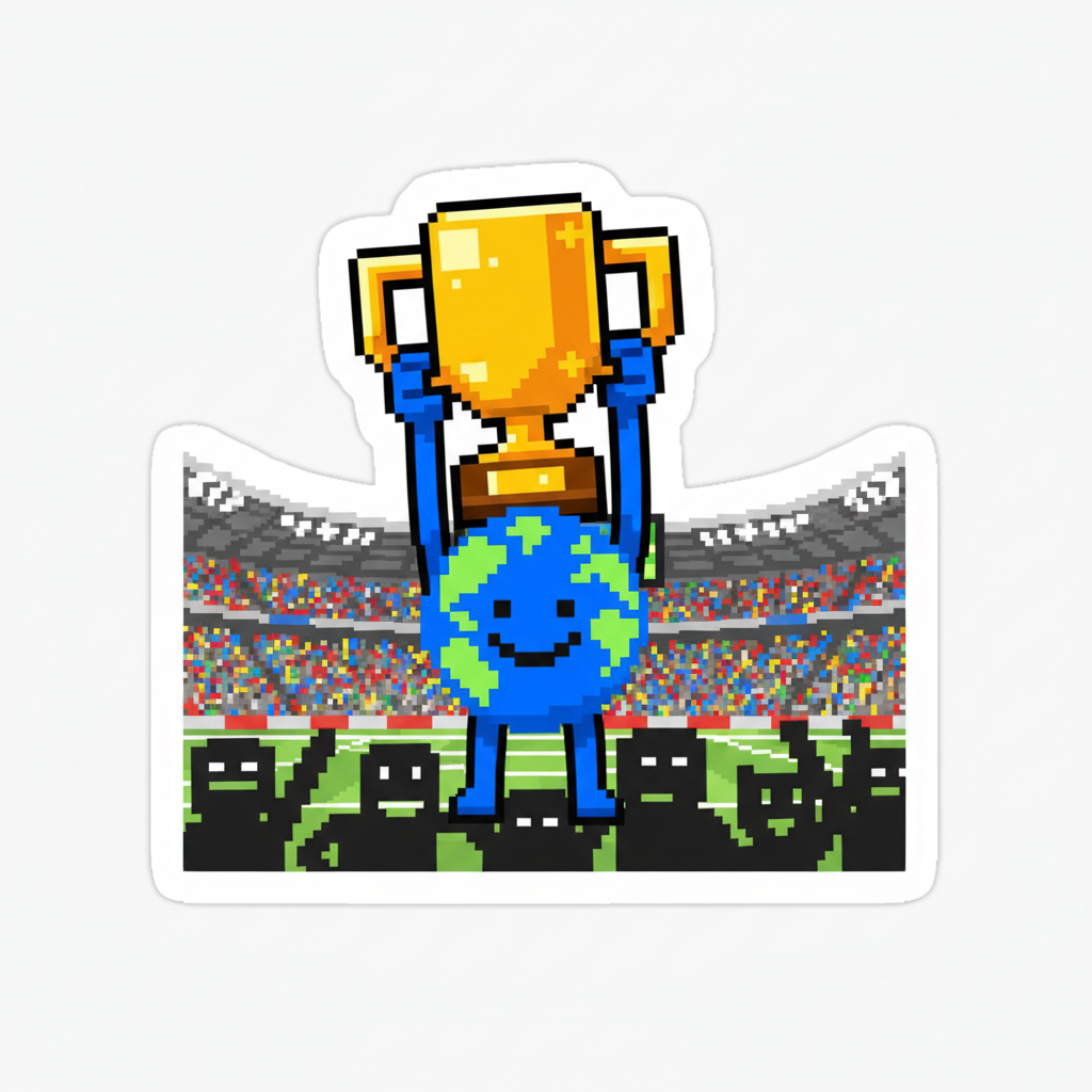 Mascot in a sports stadium, crowd roaring, hoisted onto the shoulders of other unseen mascots, holding up a comically large trophy.