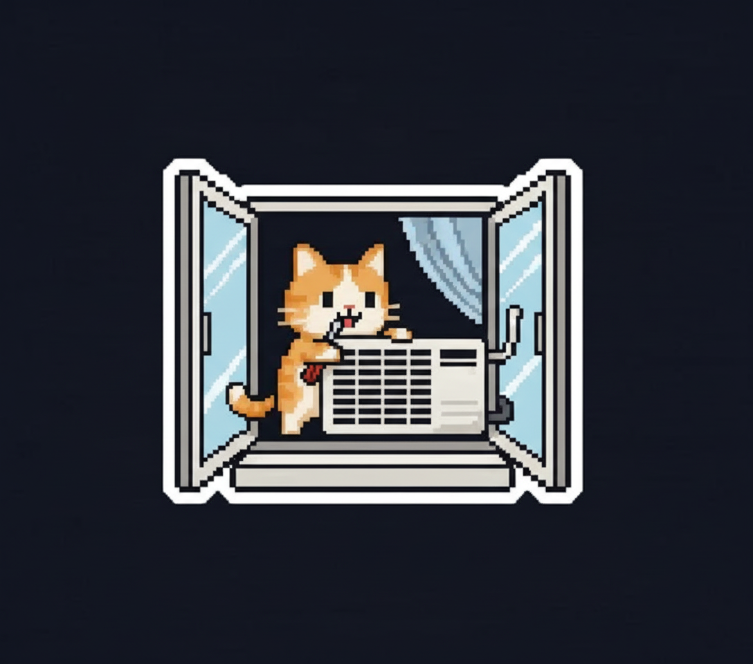 Sticker of Meme Cat trying to install an air conditioner from inside the apartment, precariously leaning out the window with a screwdriver.
