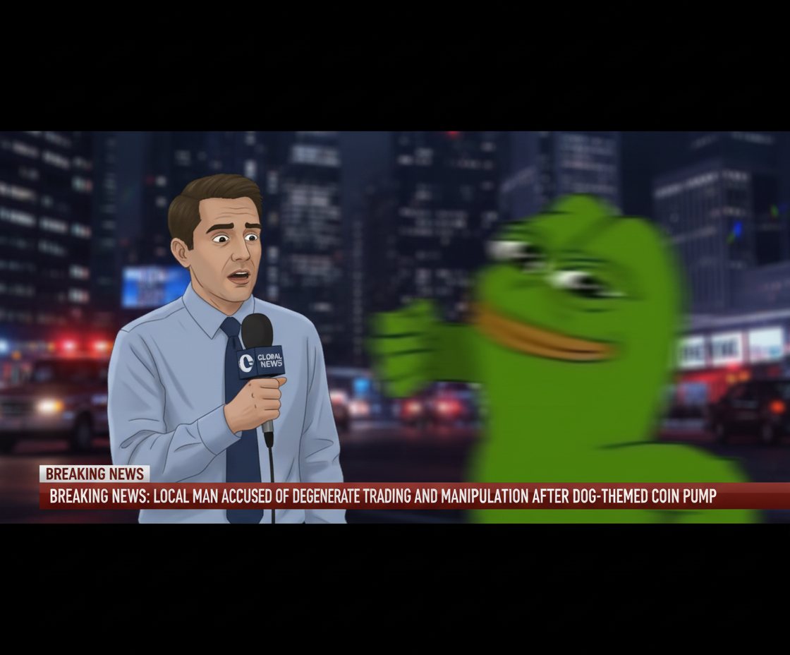 Breaking news broadcast: A reporter on scene with a blurred-out PEPE, being interviewed by a journalist. The ticker below reads "LOCAL MAN ACCUSED OF DEGENERATE TRADING.