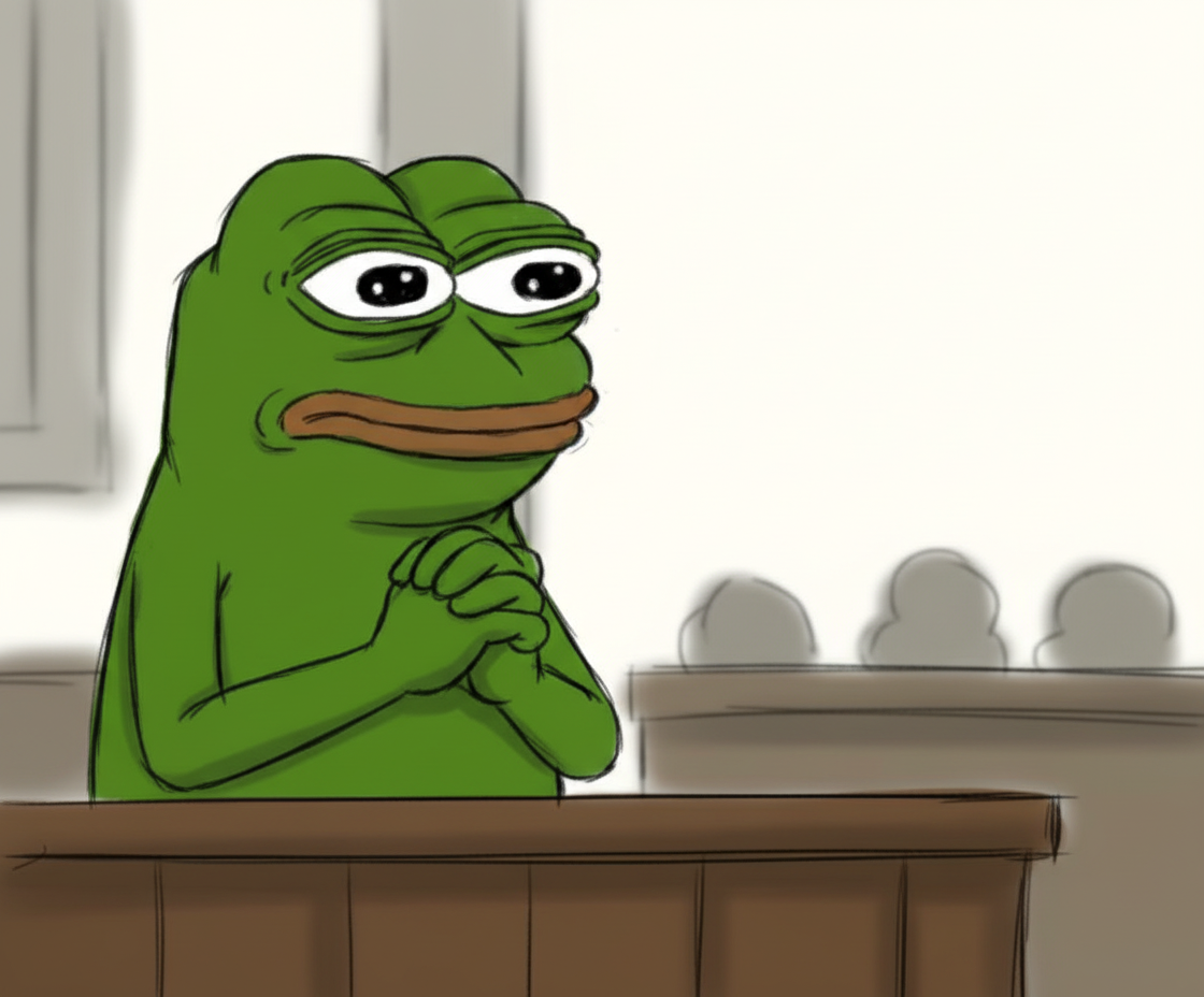 PEPE as a courtroom sketch, mid-testimony, hands clasped, eyes wide.