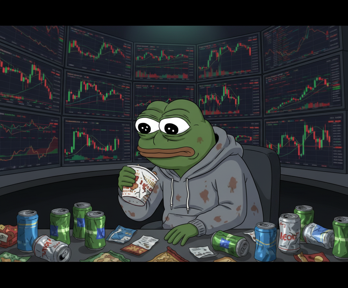 PEPE, eyes glued to a rapidly scrolling crypto chart on a wall of monitors, nursing an empty instant ramen cup, surrounded by crumpled energy drink cans.