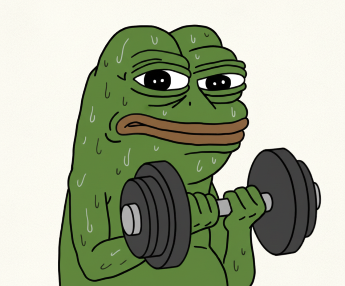 Pepe, drenched in sweat, holding a comically oversized dumbbell, struggling to complete one more rep.