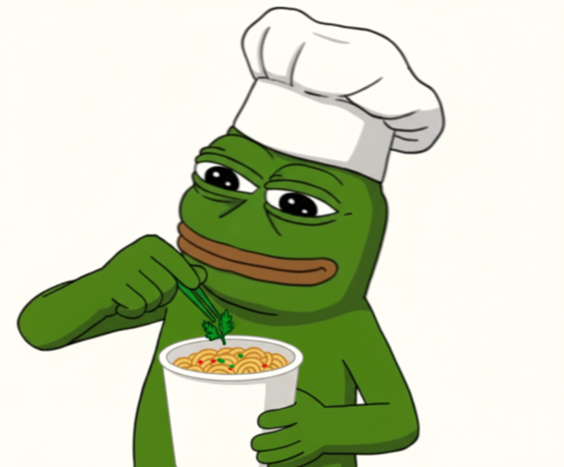 Pepe, wearing a chef's hat, meticulously garnishing a single instant ramen cup with a sprig of parsley.