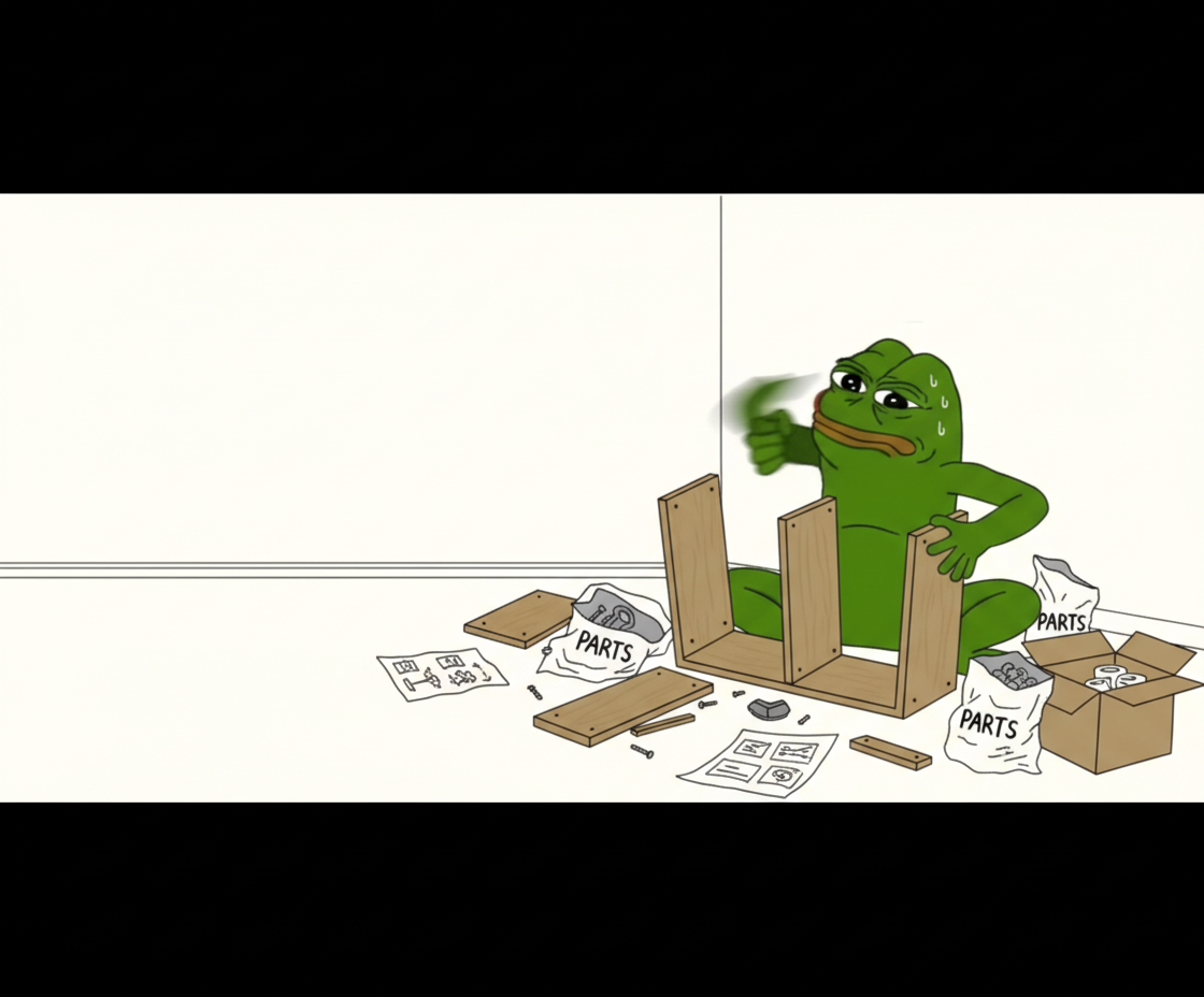 Pepe attempting to assemble flat-pack furniture, surrounded by a chaotic mess of confusing instructions and discarded parts.