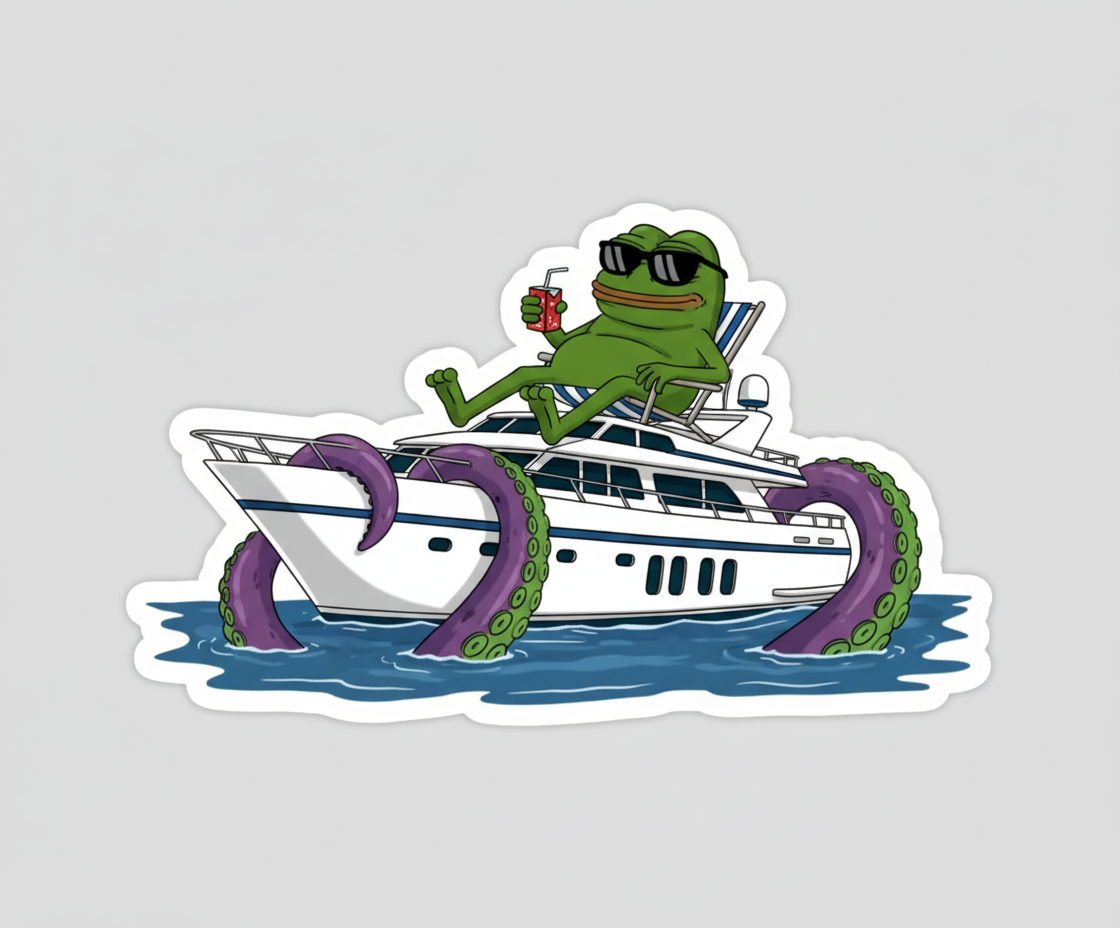 Pepe on a giant yacht, sipping a tiny juice box through a straw, sunglasses on, oblivious to a kraken wrapping tentacles around the hull.