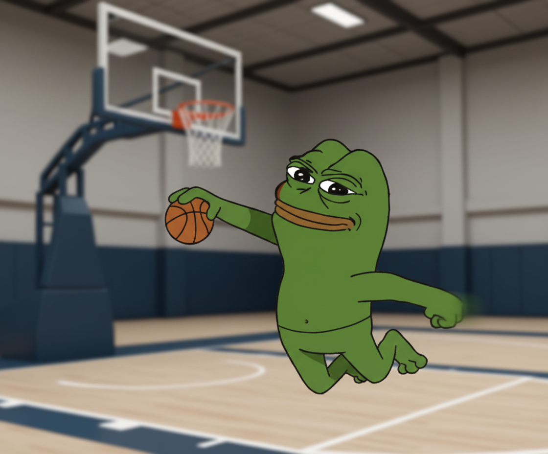 Pepe, mid-air, attempting a slam dunk with a comically small basketball on a full-sized court.