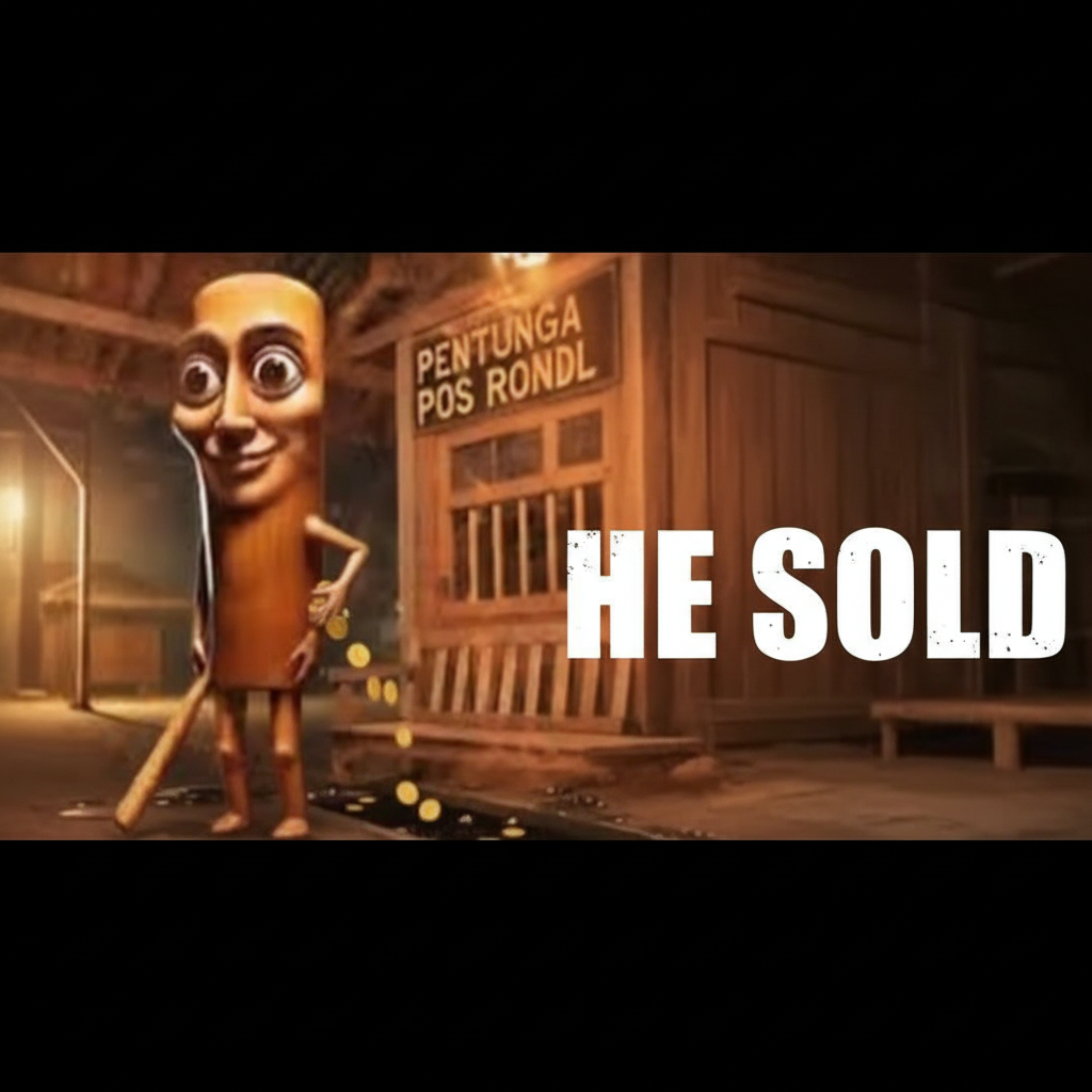 Banner reads "HE SOLD". The mascot dramatically throws a handful of coins into a gutter.