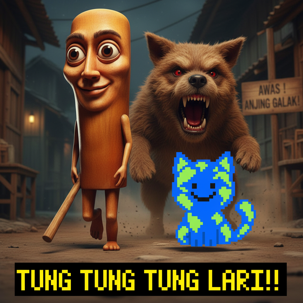 The first mascot and the second mascot, both wide-eyed and disheveled, are caught mid-sprint away from a giant, angrily barking dog.