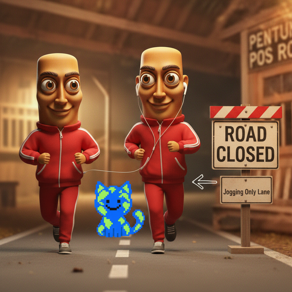 The first mascot and the second mascot, both wearing matching tracksuits, share a single pair of earbuds while jogging past a "Road Closed" sign.