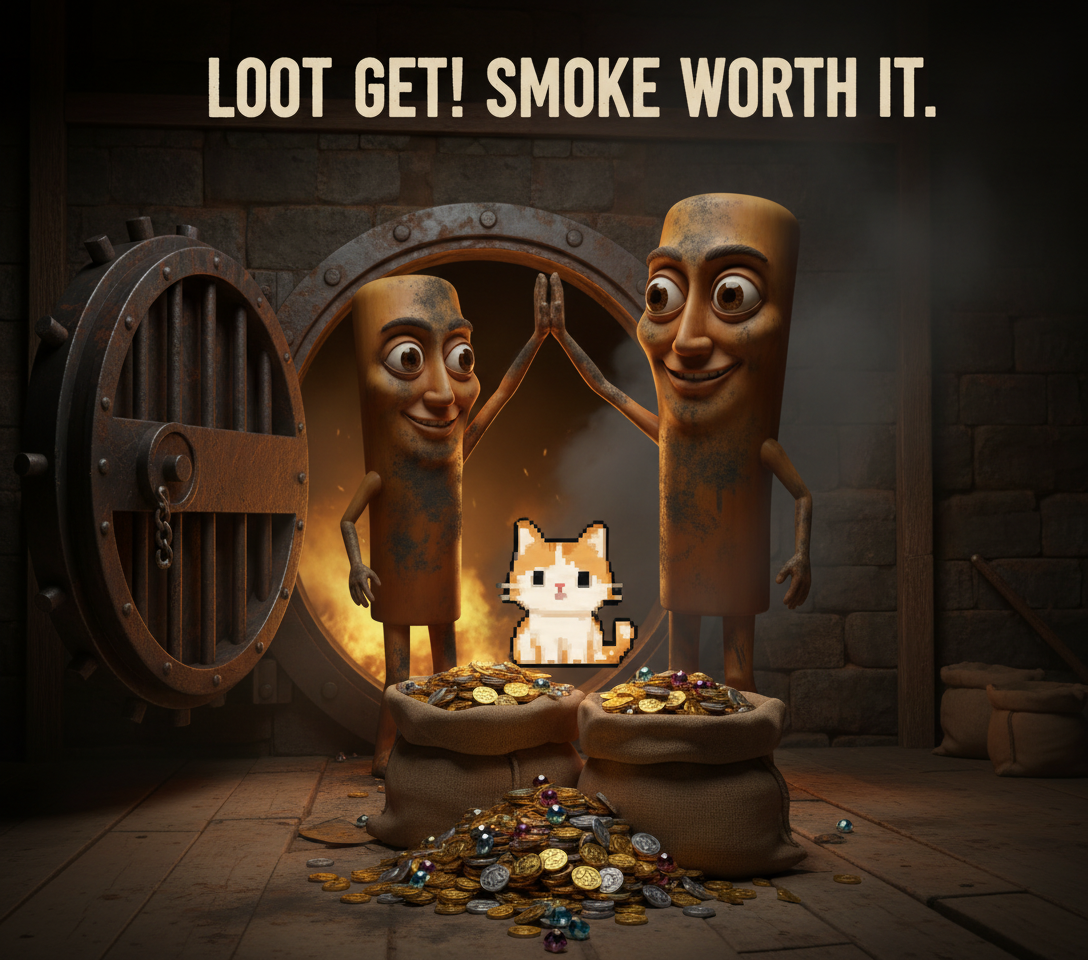 The first mascot and the second mascot, covered in soot, emerge victorious from a smoking vault, high-fiving over overflowing bags of coins.