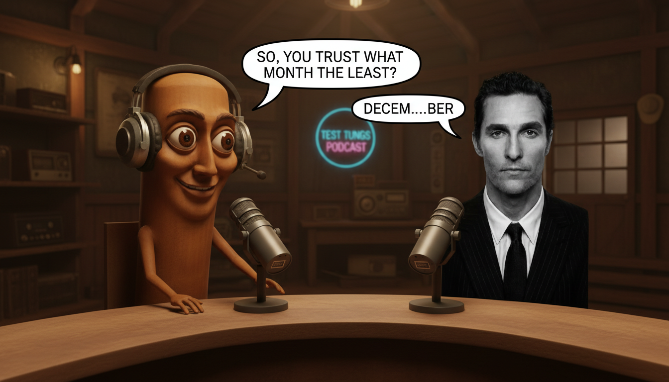 The first mascot, wearing a headset, interviews the second mascot on a podcast set, both leaning into microphones.