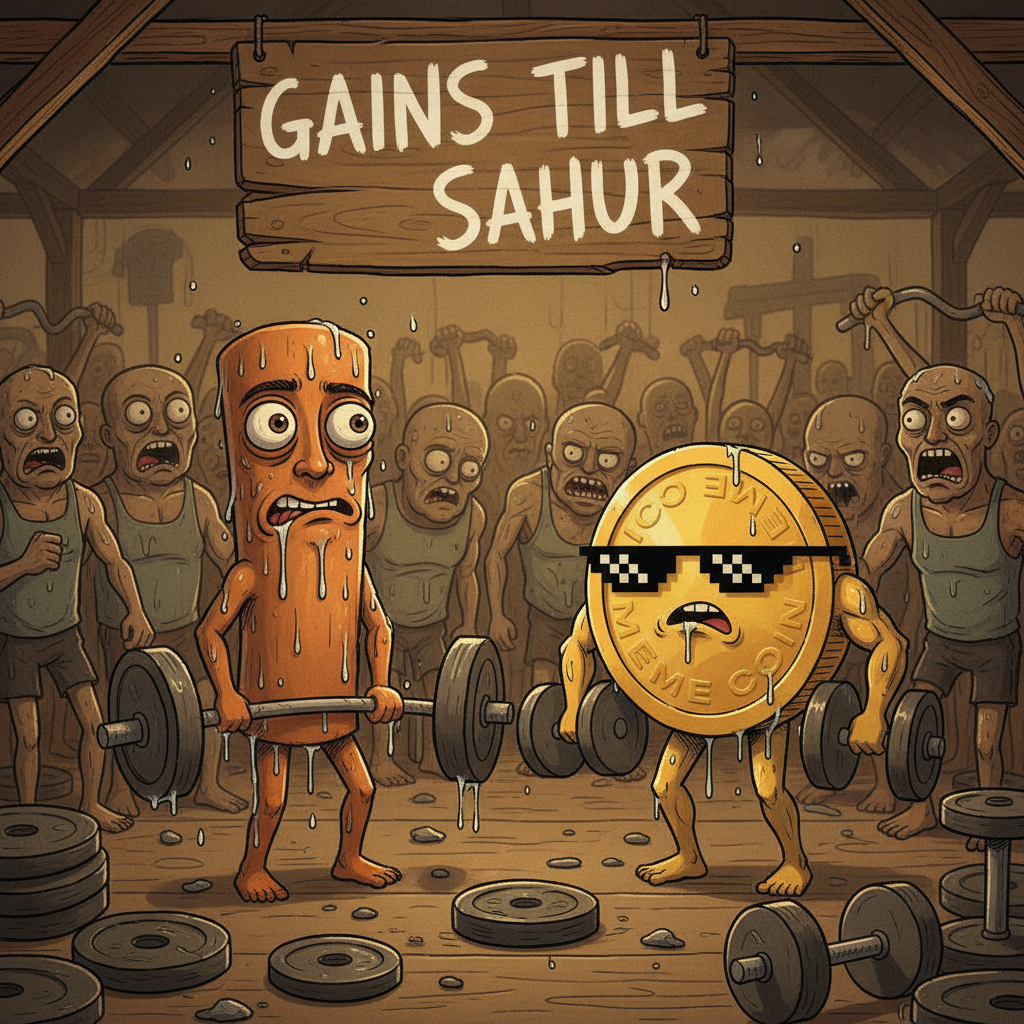 The first mascot and the second mascot, both drenched in sweat, pump iron side-by-side in a crowded gym.