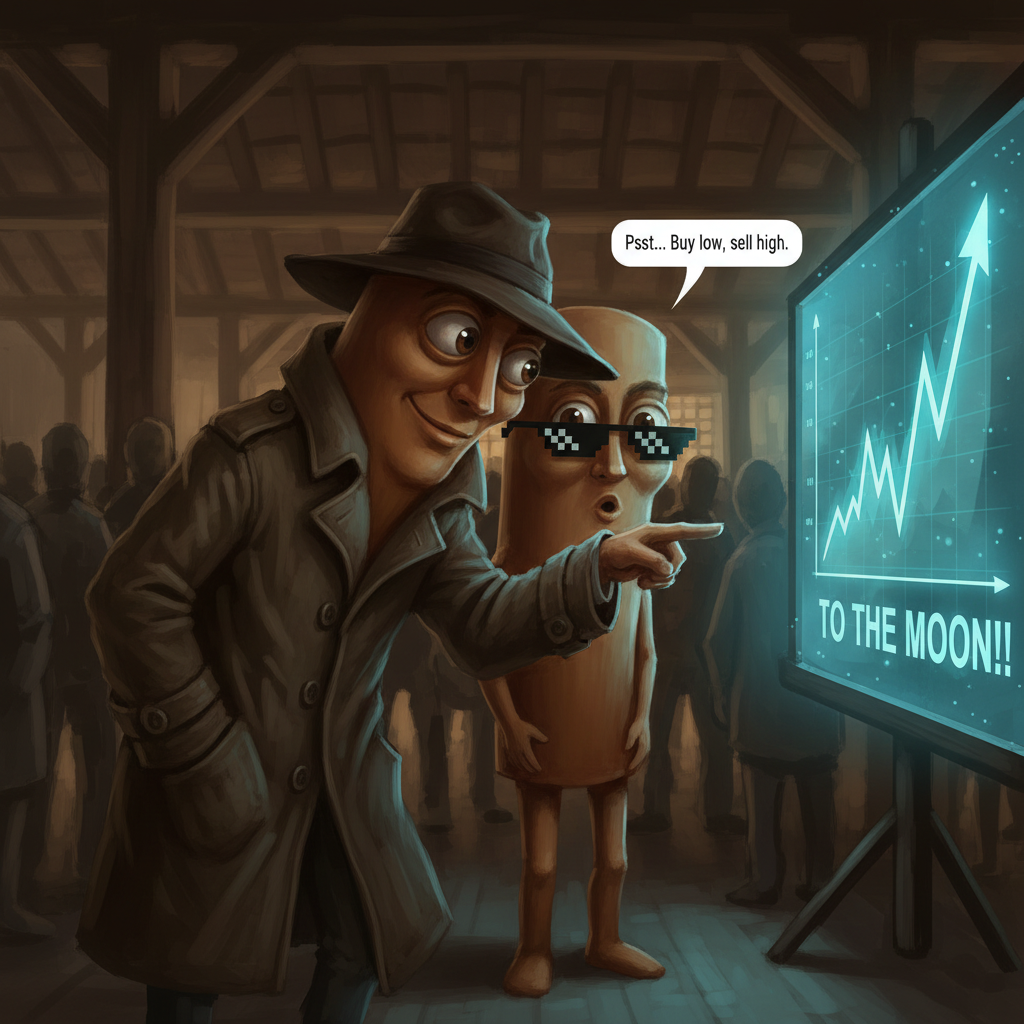 The first mascot, disguised in a comically oversized trench coat, whispers into the second mascot's ear while pointing at a giant, glowing chart from across a crowded room.