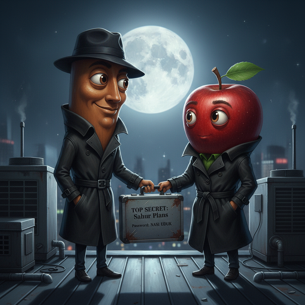 The first mascot and the second mascot, both meticulously dressed as secret agents, exchanging a briefcase on a moonlit rooftop.
