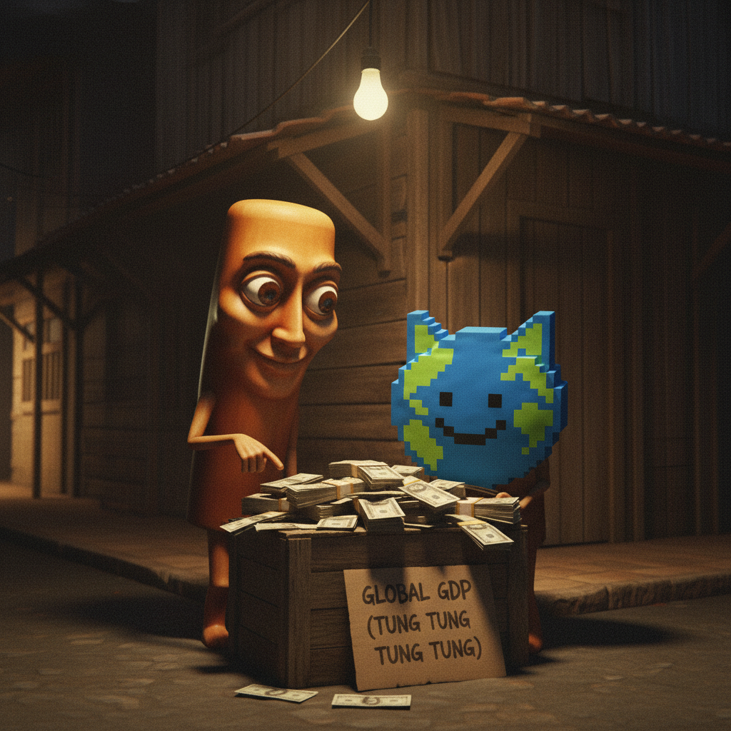 The first mascot and the second mascot, huddled together, meticulously count a stack of cash on a dimly lit street corner.