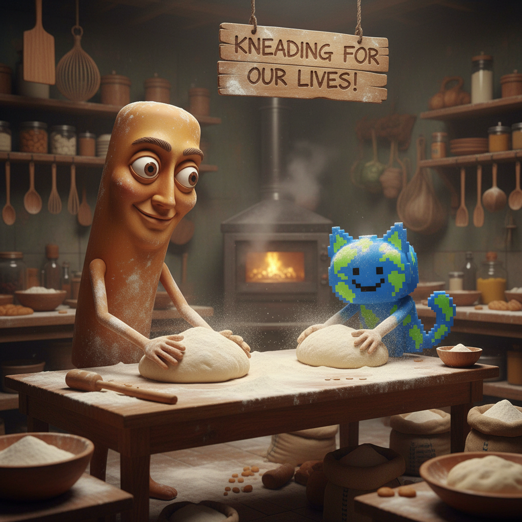 The first mascot and the second mascot, covered in flour, frantically knead dough in a chaotic bakery.