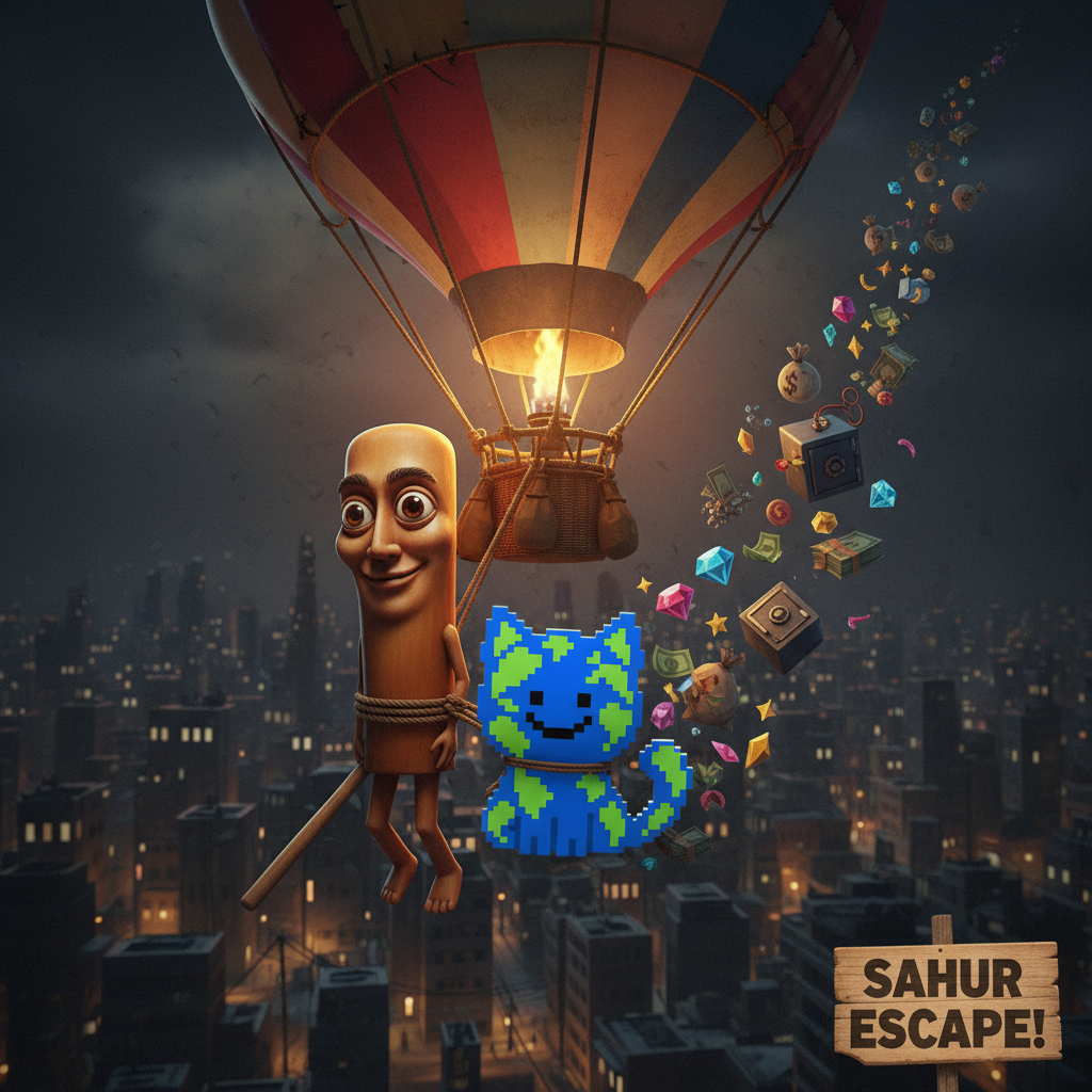 The first mascot and the second mascot, both tied to an escape balloon, soar over a cityscape with a trail of stolen goods tumbling behind them.