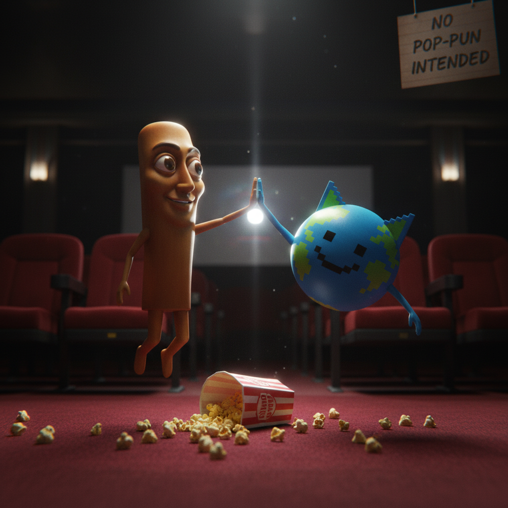 The first mascot and the second mascot, both mid-air, high-five over a spilled box of popcorn in a movie theater.