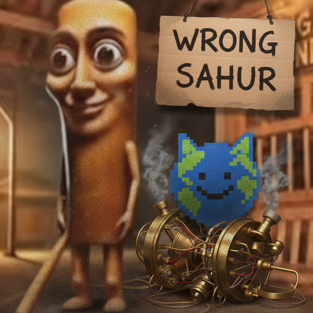 The first mascot and the second mascot, covered in dust, emerge from a smoking, overturned time machine.