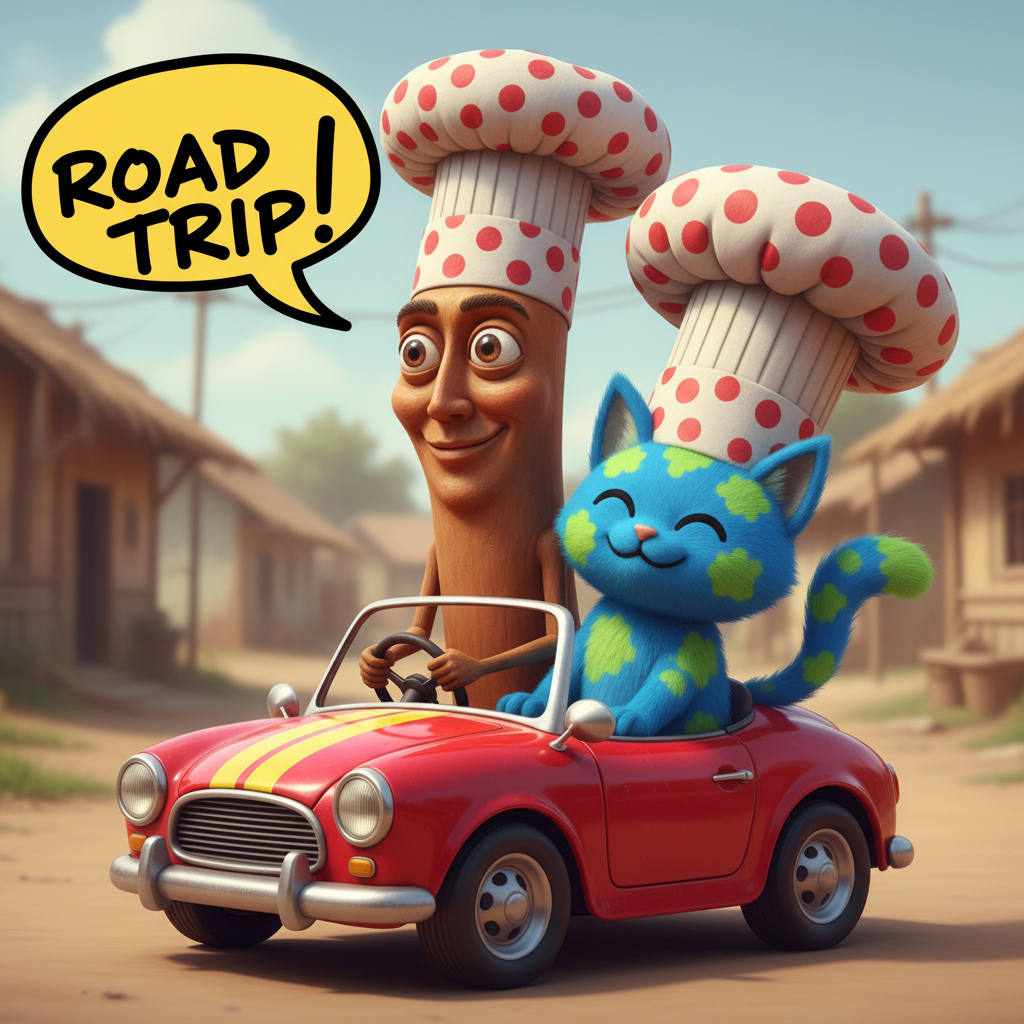 The first mascot and the second mascot, both wearing oversized, matching novelty hats, attempting to fit into a tiny, brightly colored sports car.