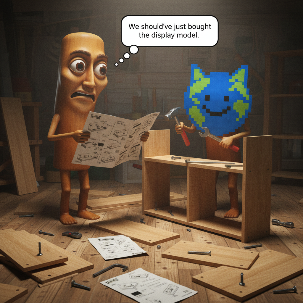 The first mascot and the second mascot, both struggling to assemble an IKEA bookshelf, surrounded by confusing instructions and spare parts.
