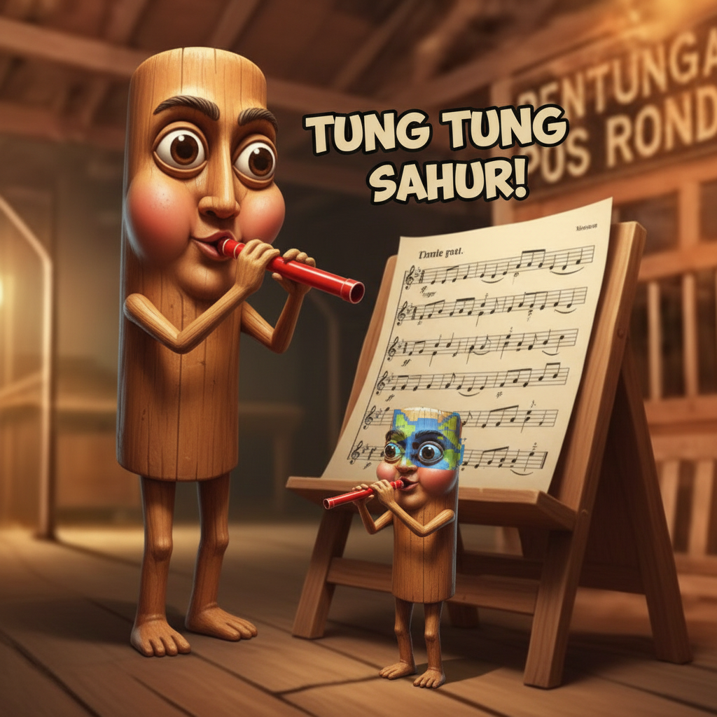 The first mascot is teaching the second mascot how to play a kazoo, both red-faced from effort, with sheet music comically oversized for their hands.