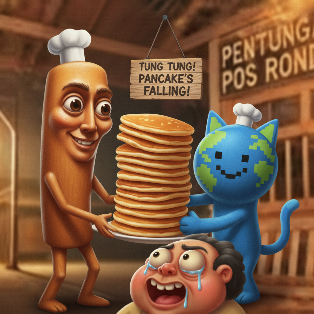 The first mascot and the second mascot, both wearing tiny chef hats, carefully balance a precarious stack of pancakes for a hungry customer.