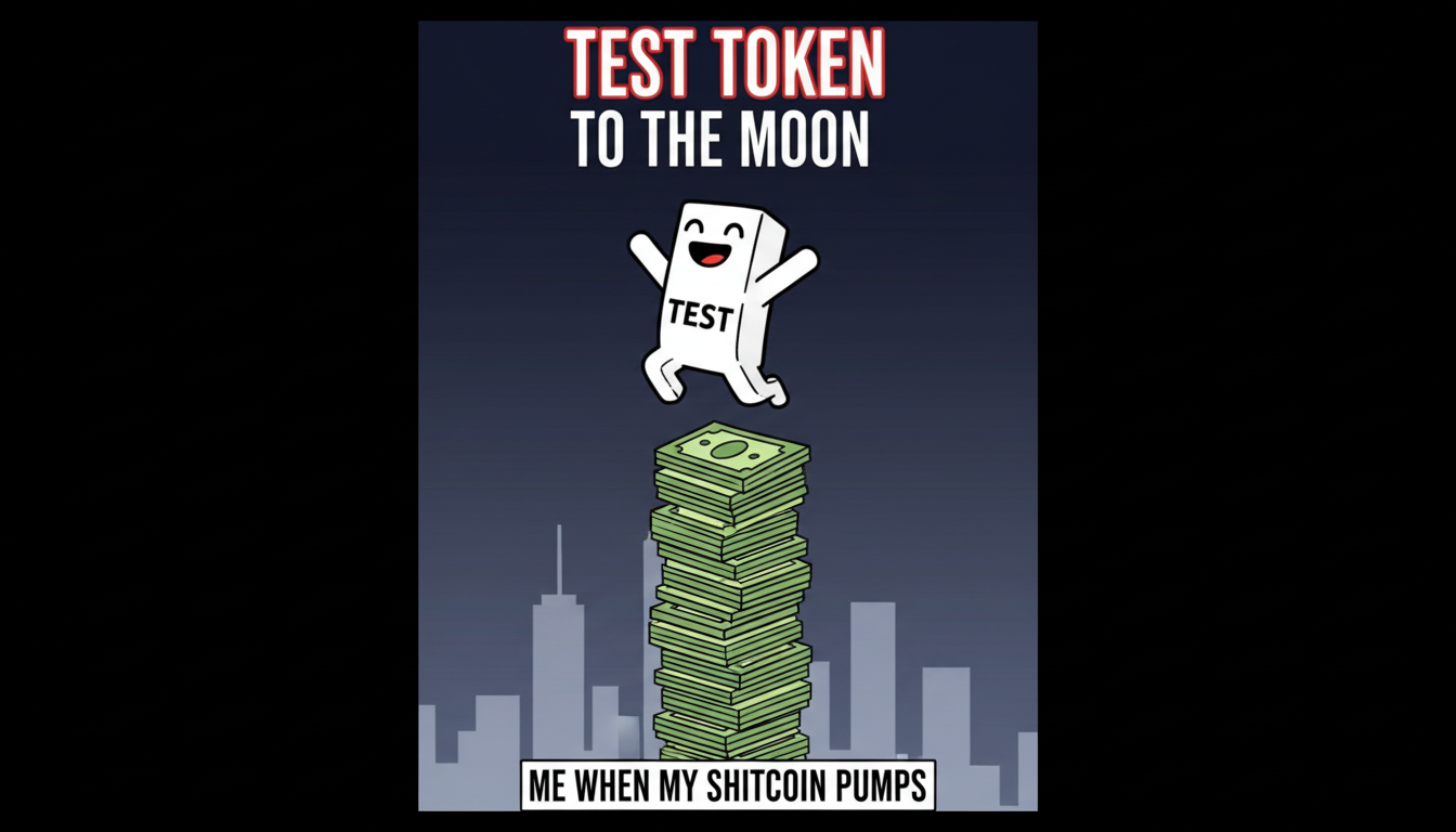 MEME: $TEST mascot, mid-air, leaping over a stack of bills higher than a skyscraper, arms outstretched in triumph.