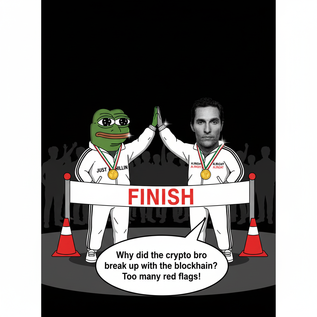 The first mascot and the second mascot, dressed in matching tracksuits, high-fiving at the finish line of a marathon, medals glinting.
