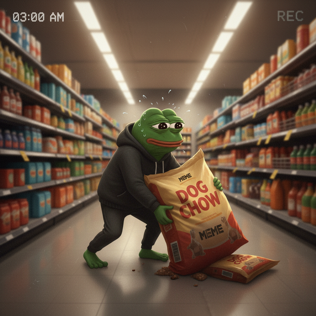 MEME. Caught on a blurry security camera footage trying to discreetly re-shelve a giant bag of dog food in a supermarket at 3 AM.