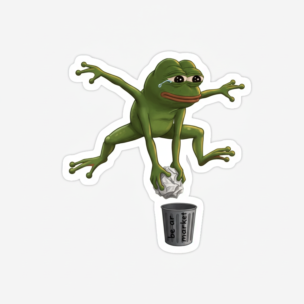 STICKER. Meme, mid-air, a single tear rolling down its cheek as it slam dunks a crumpled paper into a tiny trash can labeled "bear market.