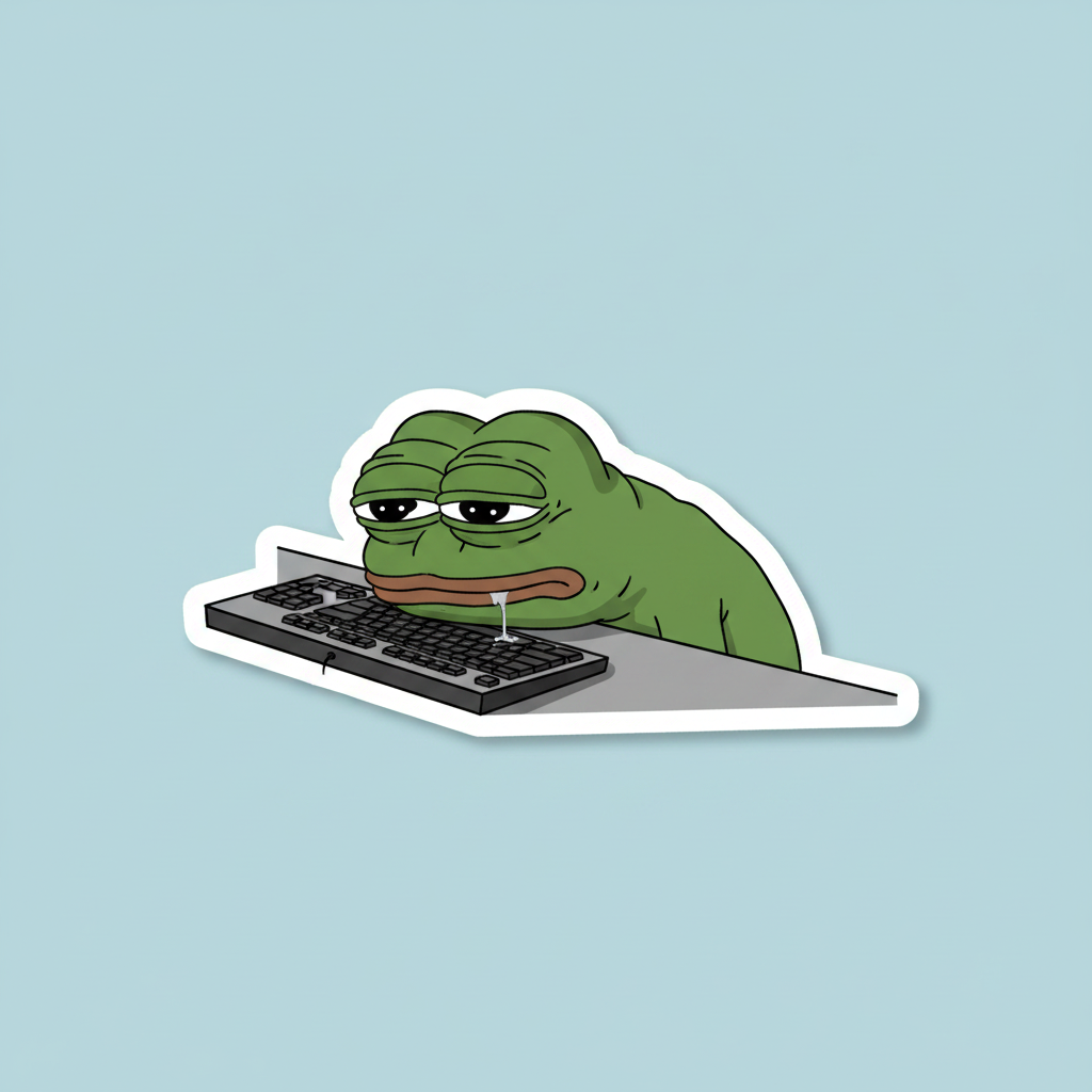 STICKER. Meme, asleep at a desk, head slumped onto a keyboard, a single drool thread connecting its chin to the spacebar.