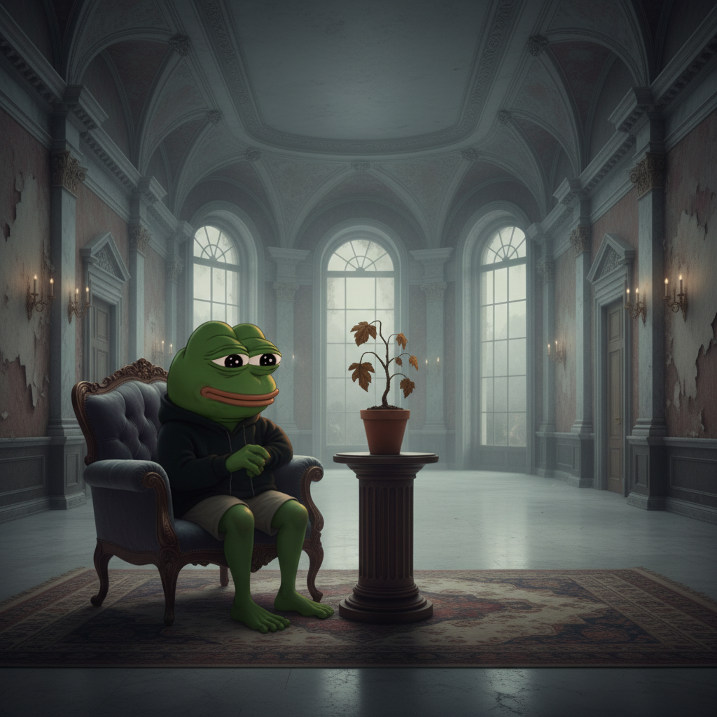 meme, looking forlornly at a single withered houseplant in a comically oversized, empty mansion.