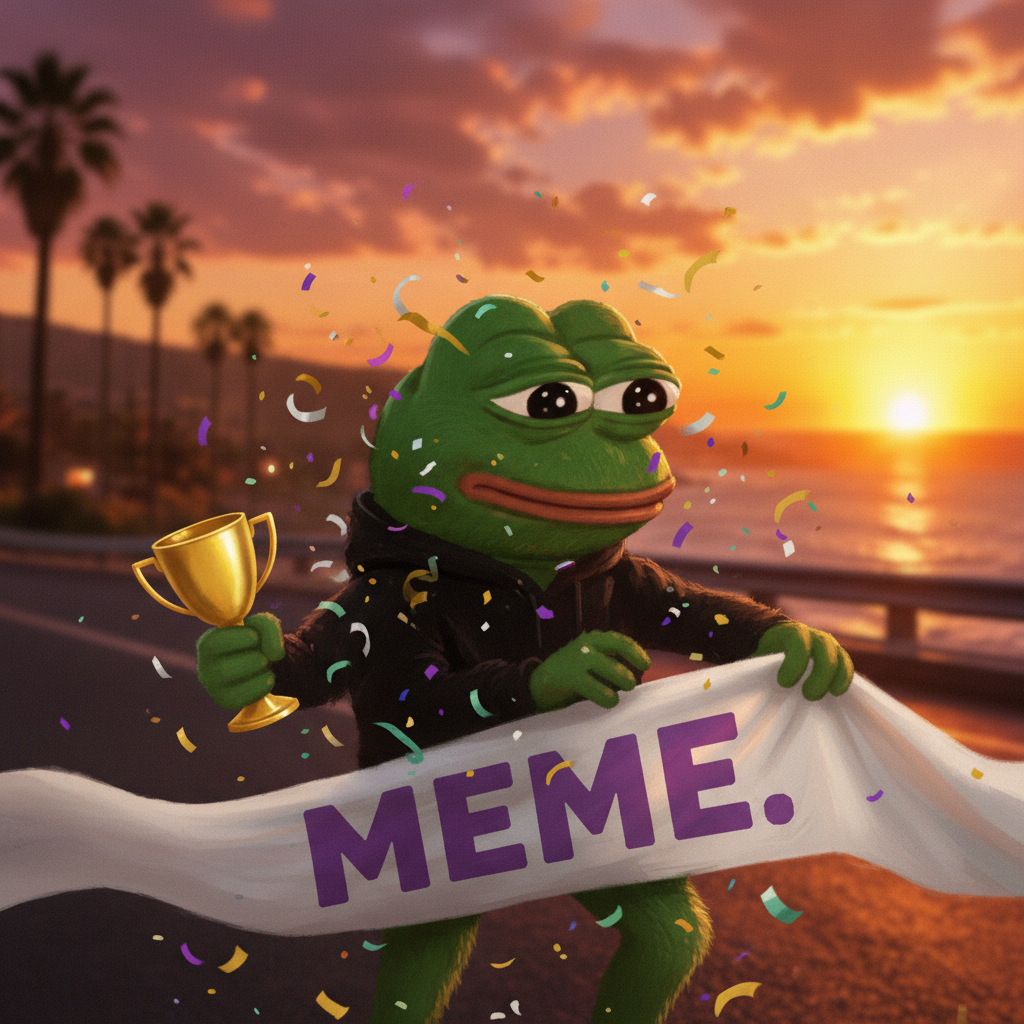 MEME. Bursting through a finish line banner, streamer confetti caught in its fur, holding a comically small trophy.