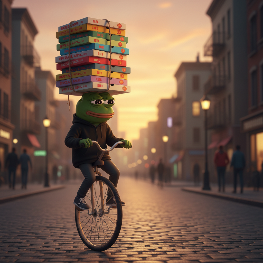 meme on a unicycle, precariously balancing a stack of pizza boxes, delivering them through a bustling city street.
