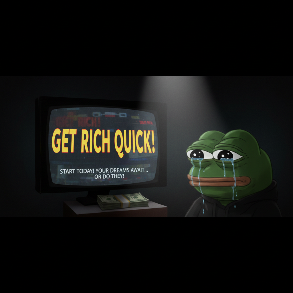 MEME, a single spotlight illuminating its face, dramatically weeping during an infomercial for a "Get Rich Quick" scheme.
