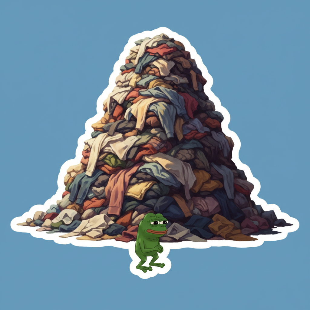 STICKER. Meme, tiny and insignificant, staring up at a gigantic, impossibly steep mountain of laundry.
