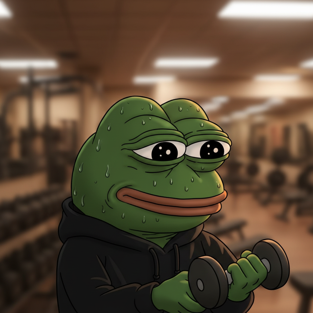 meme, covered in sweat and panting, triumphantly holding up a ridiculously tiny dumbbell at a gym.