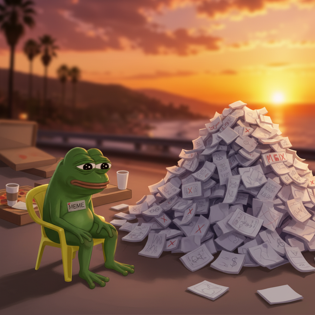 MEME, slumped in a tiny plastic chair, looking utterly defeated as it stares at a mountain of crumpled-up financial reports.