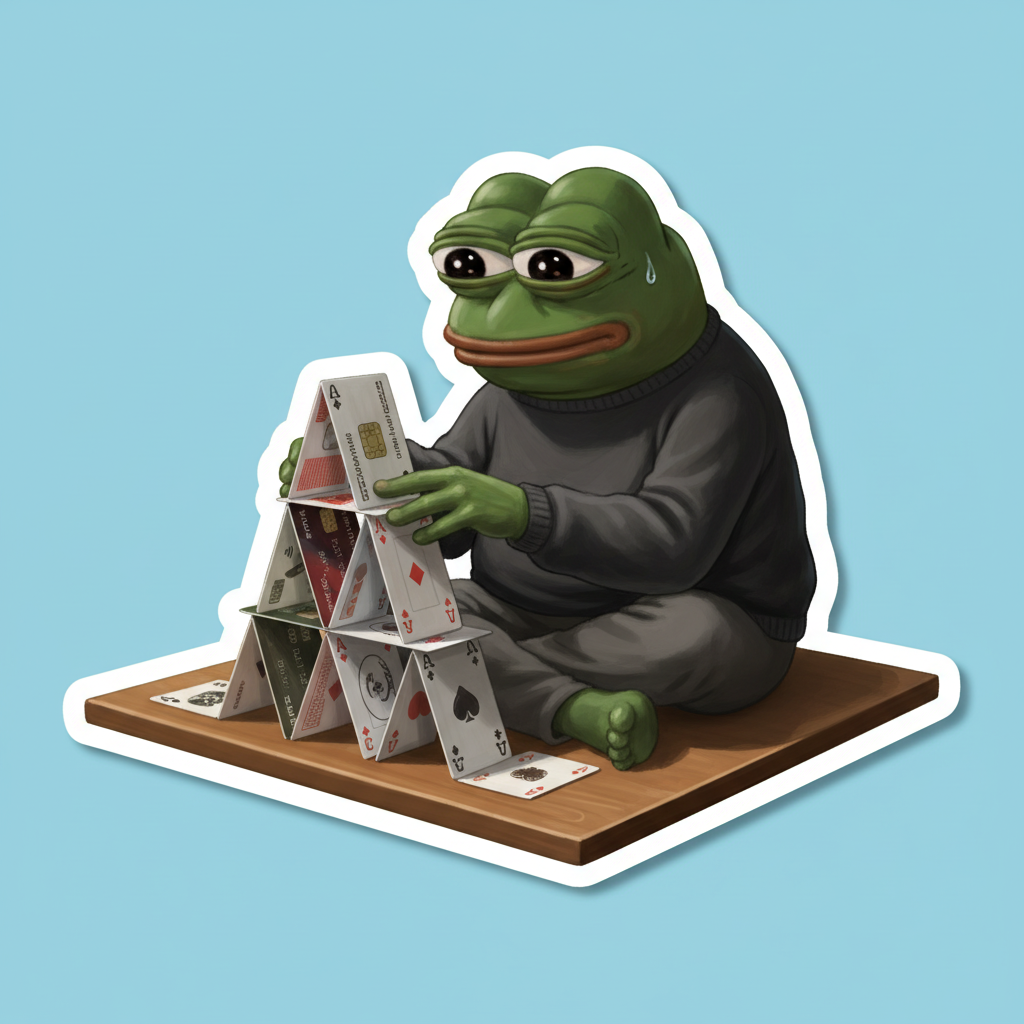 STICKER. Meme, expertly stacking a house of cards made entirely of credit cards, a single bead of sweat on its brow.