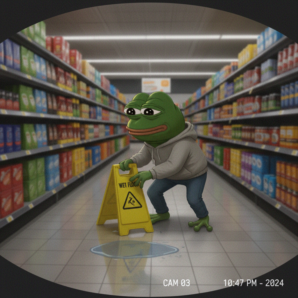 MEME. Caught on a grainy security camera feed, discreetly attempting to peel a "Wet Floor" sign off a supermarket aisle.