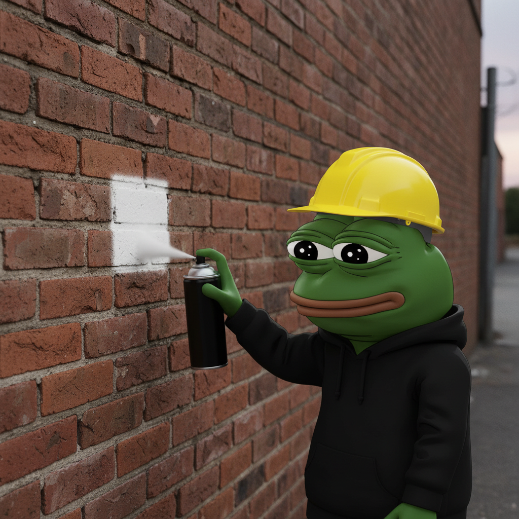 MEME, wearing a tiny construction helmet, meticulously spray-painting a single brick wall a pristine white.