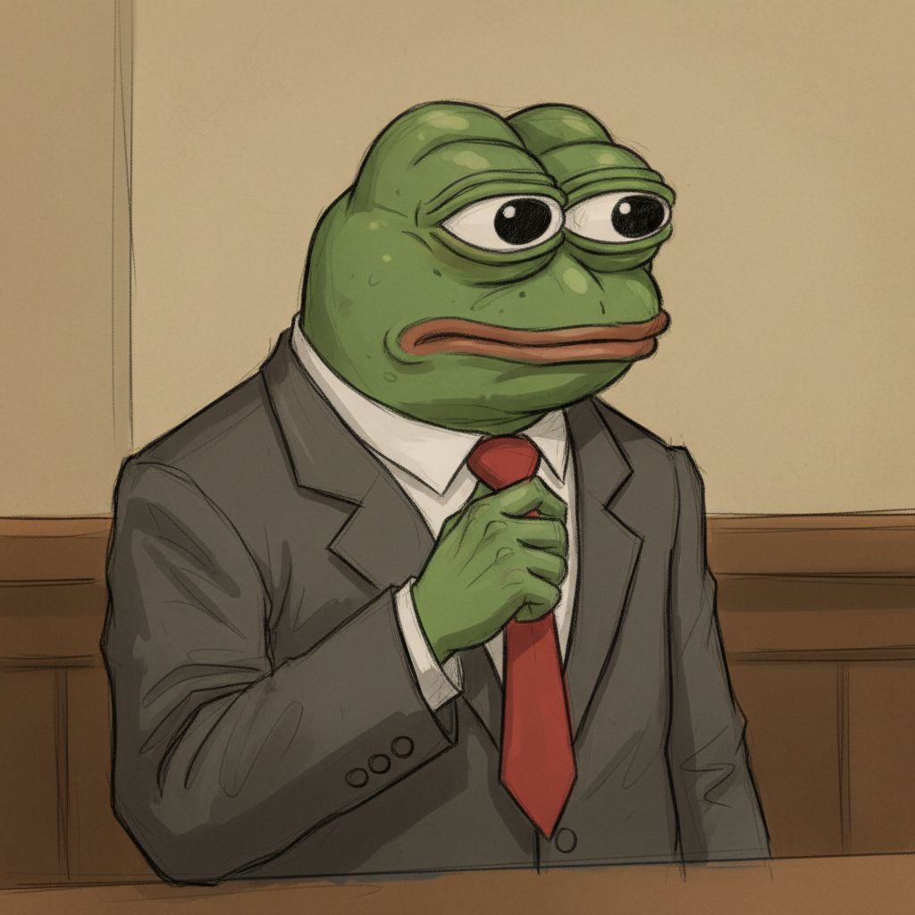 Meme, wearing an oversized, ill-fitting suit, nervously adjusting a tiny tie in a court sketch.
