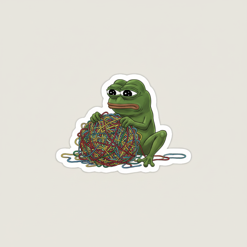 STICKER. Meme, tiny and exasperated, attempting to untangle a ball of string that is ten times its own size.