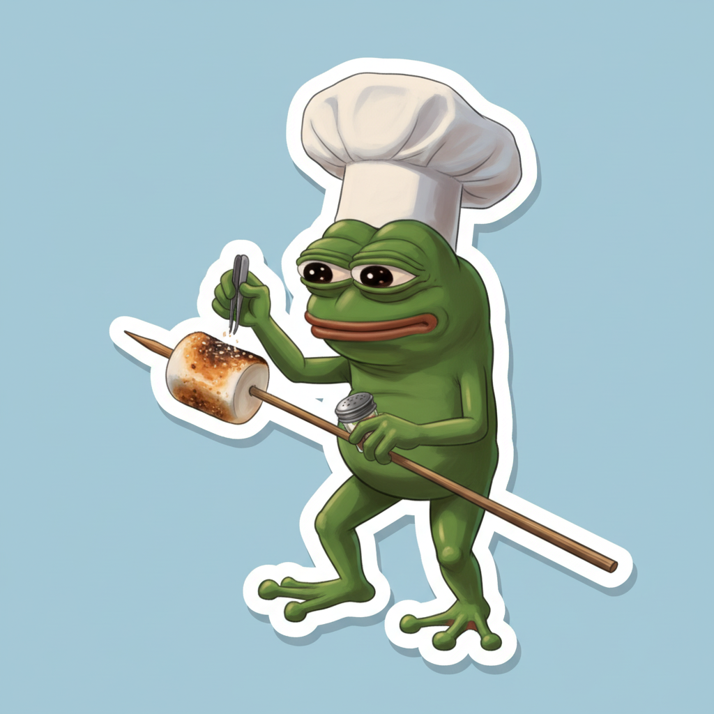 Meme, wearing a ridiculously small chef's hat, meticulously garnishing a single, perfectly toasted marshmallow.