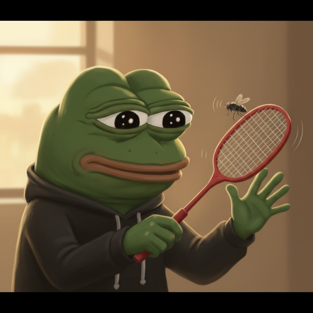 MEME. Caught mid-slap, a tiny fly swatter clutched in one hand, looking utterly shocked that the fly is still buzzing.