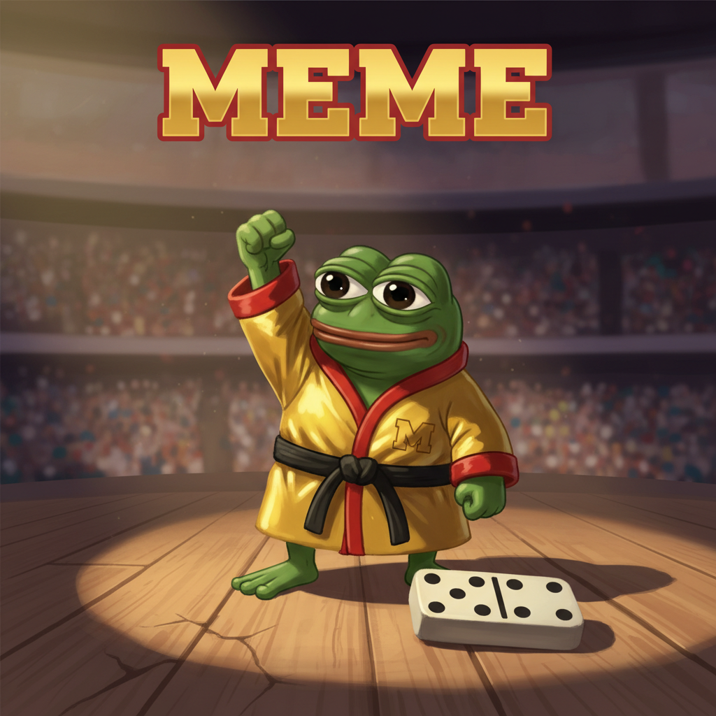 MEME. Wearing a miniature, shiny boxing robe, pumping a tiny fist in victorious celebration after knocking over a single domino.