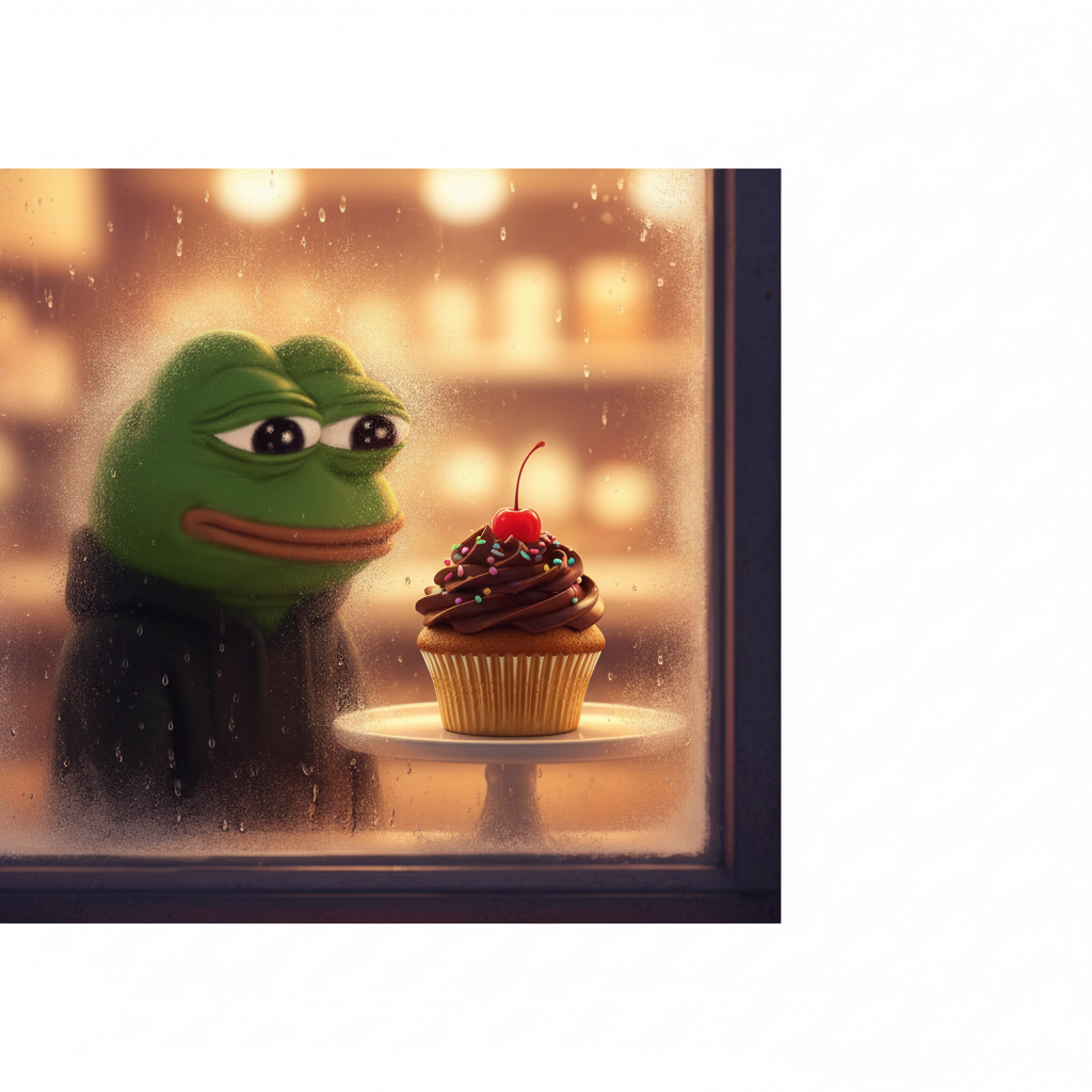 BANNER. meme, face pressed against a frosted bakery window, wistfully gazing at a single, perfect cupcake.